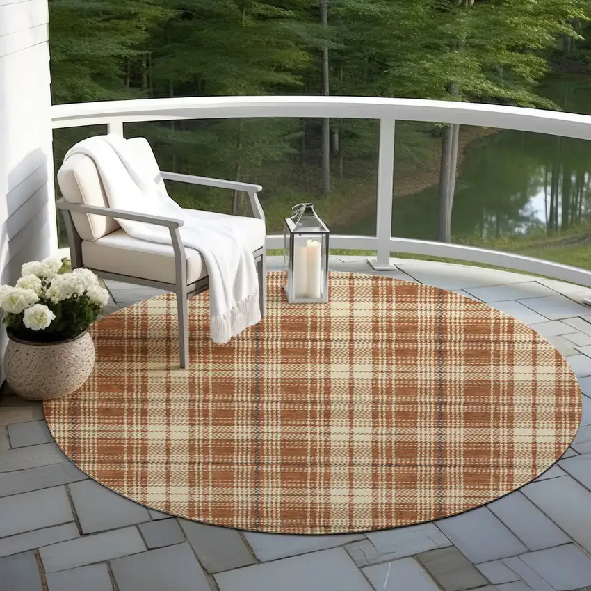 8' Brown Black And Beige Round Plaid Washable Indoor Outdoor Area Rug Photo 7