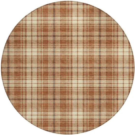 8' Brown Black And Beige Round Plaid Washable Indoor Outdoor Area Rug Photo 2