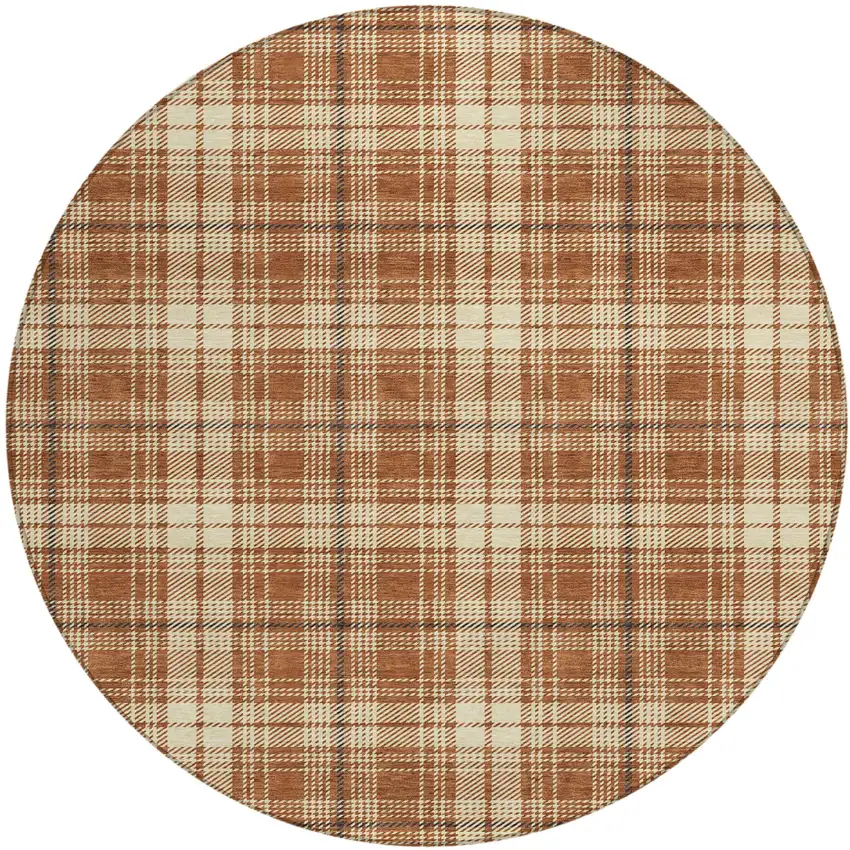 8' Brown Black And Beige Round Plaid Washable Indoor Outdoor Area Rug Photo 2