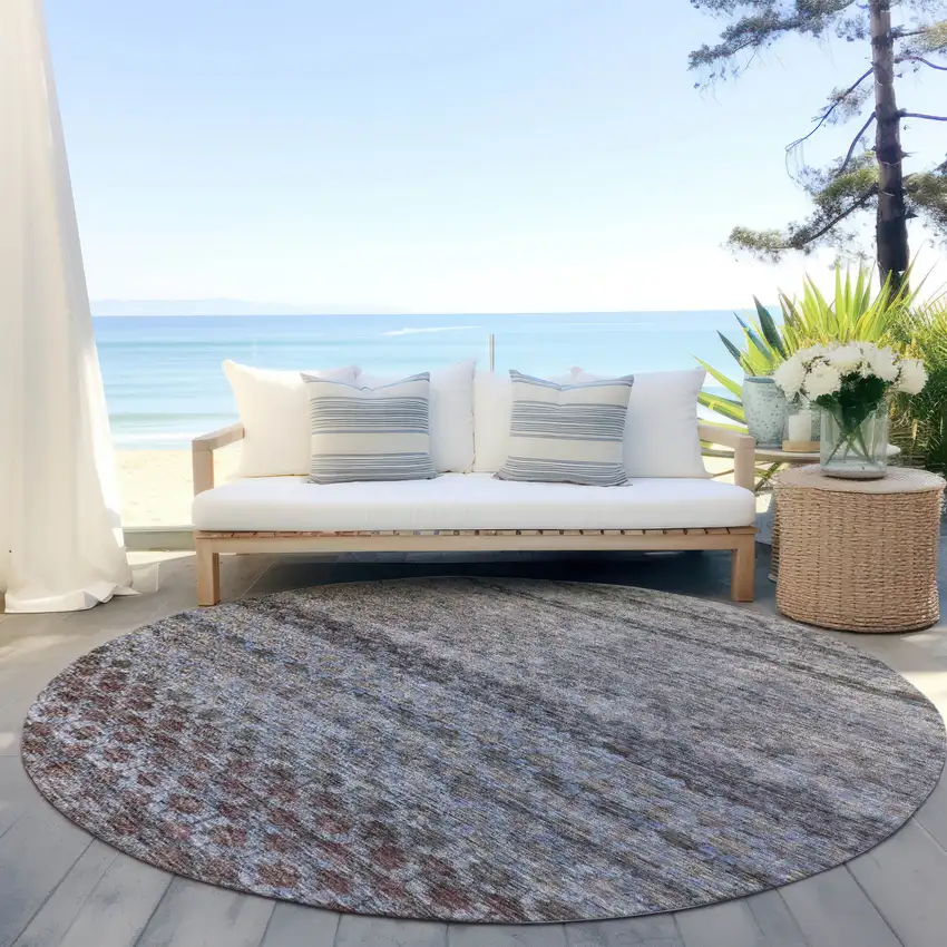 8' Brown Black And Brick Red Round Striped Washable Indoor Outdoor Area Rug Photo 6