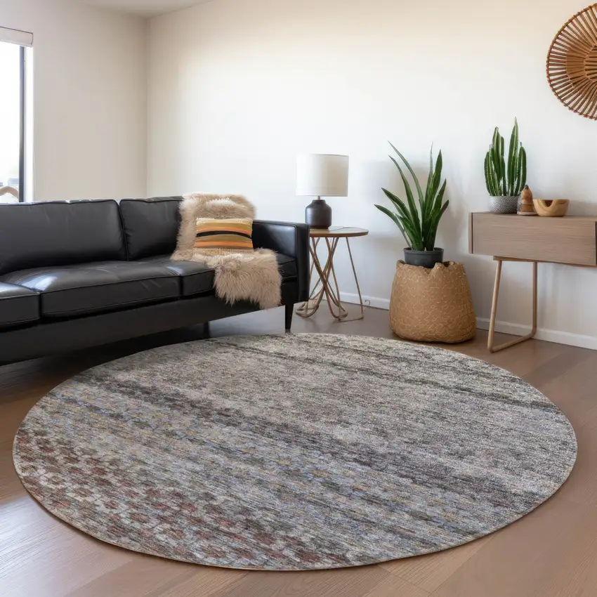 8' Brown Black And Brick Red Round Striped Washable Indoor Outdoor Area Rug Photo 7