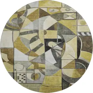 Photo of 8' Brown Black And Gray Abstract Washable Round Rug With UV Protection