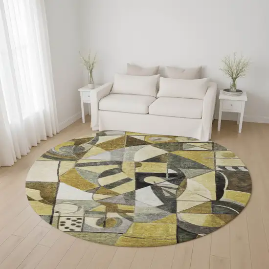 8' Brown Black And Gray Abstract Washable Round Rug With UV Protection Photo 4