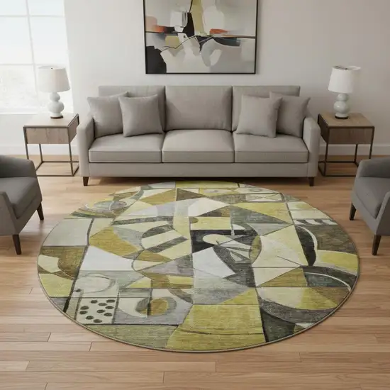 8' Brown Black And Gray Abstract Washable Round Rug With UV Protection Photo 2