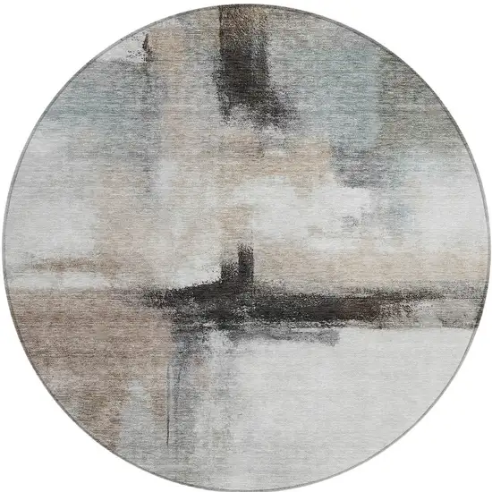 8' Brown Black And Gray Round Abstract Washable Indoor Outdoor Area Rug Photo 6
