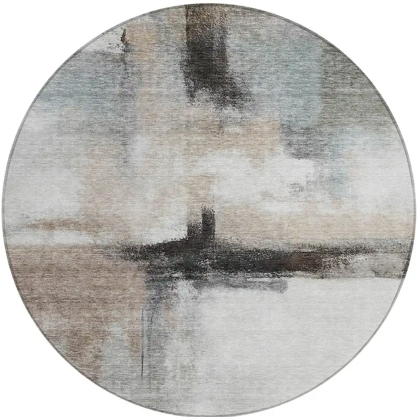8' Brown Black And Gray Round Abstract Washable Indoor Outdoor Area Rug Photo 6