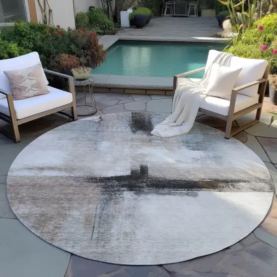 8' Brown Black And Gray Round Abstract Washable Indoor Outdoor Area Rug Photo 7
