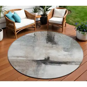 Photo of 8' Brown Black And Gray Round Abstract Washable Indoor Outdoor Area Rug