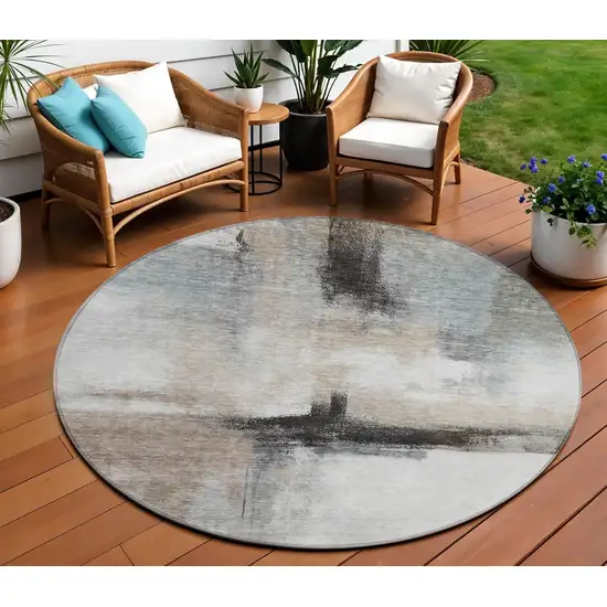 8' Brown Black And Gray Round Abstract Washable Indoor Outdoor Area Rug Photo 1