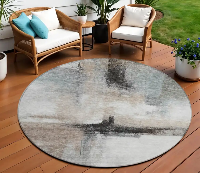 8' Brown Black And Gray Round Abstract Washable Indoor Outdoor Area Rug Photo 1