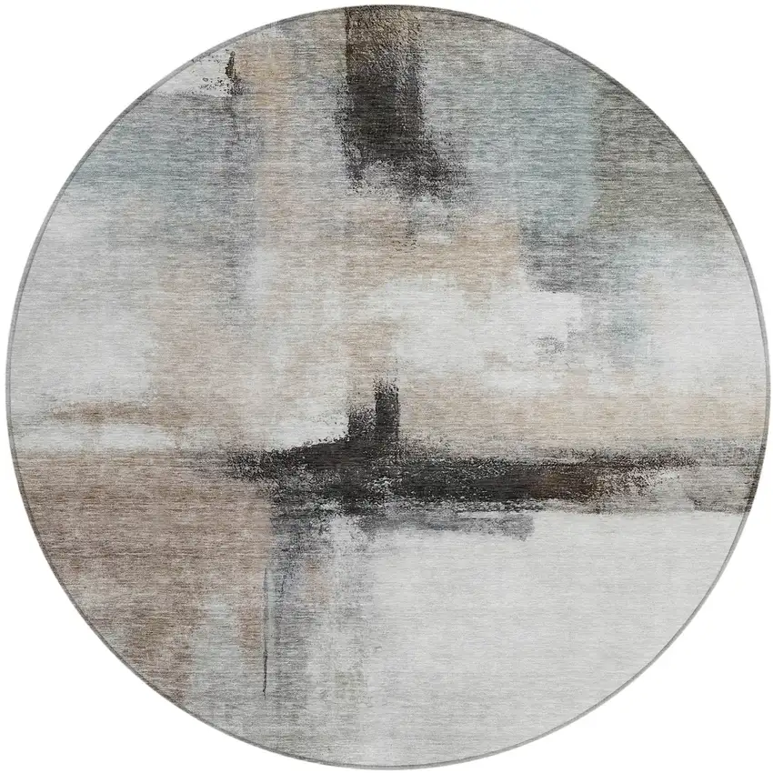 8' Brown Black And Gray Round Abstract Washable Indoor Outdoor Area Rug Photo 2