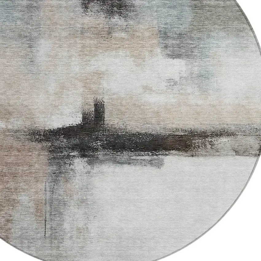 8' Brown Black And Gray Round Abstract Washable Indoor Outdoor Area Rug Photo 5