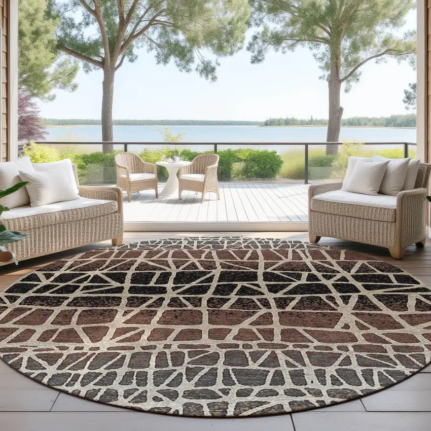 8' Brown Black And Gray Round Geometric Washable Indoor Outdoor Area Rug Photo 4