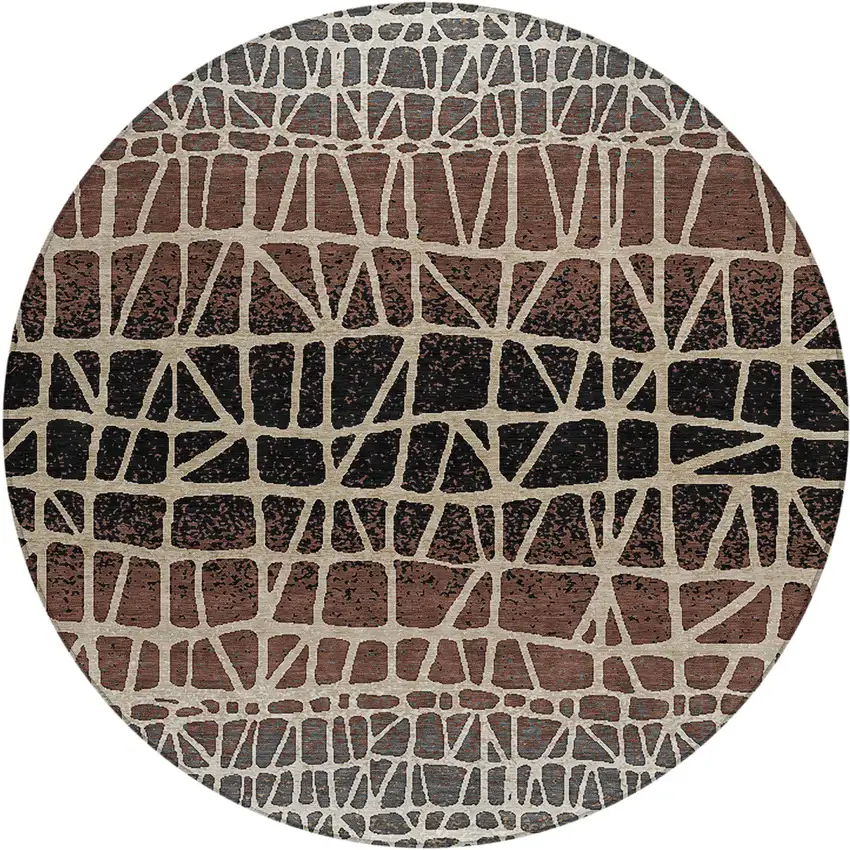 8' Brown Black And Gray Round Geometric Washable Indoor Outdoor Area Rug Photo 1