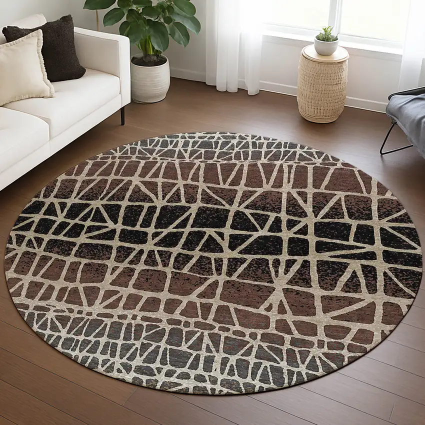 8' Brown Black And Gray Round Geometric Washable Indoor Outdoor Area Rug Photo 5