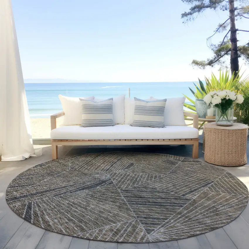 8' Brown Black And Gray Round Geometric Washable Indoor Outdoor Area Rug Photo 7