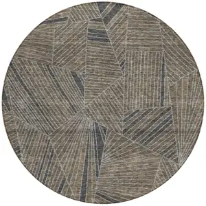 Photo of 8' Brown Black And Gray Round Geometric Washable Indoor Outdoor Area Rug