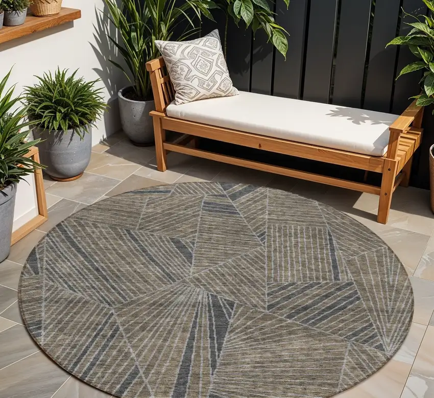 8' Brown Black And Gray Round Geometric Washable Indoor Outdoor Area Rug Photo 1