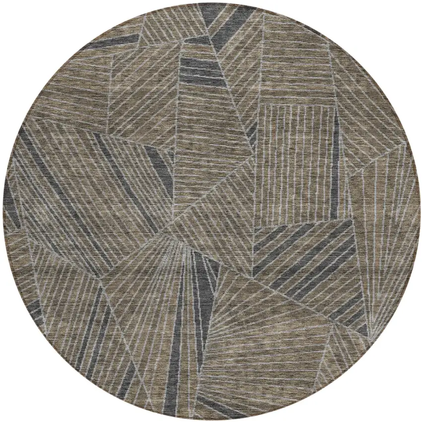 8' Brown Black And Gray Round Geometric Washable Indoor Outdoor Area Rug Photo 2