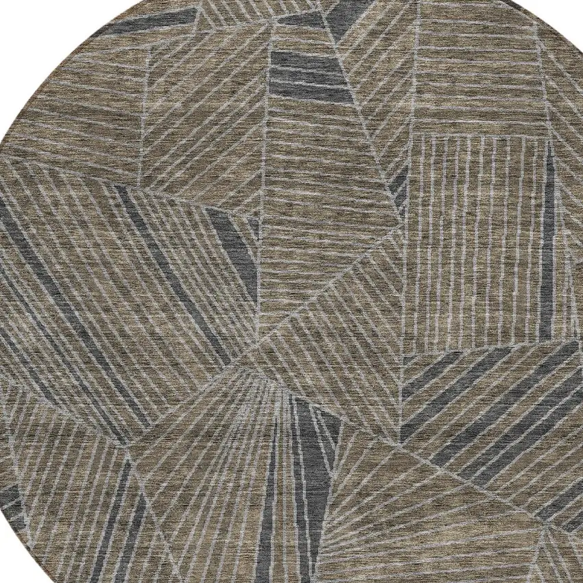 8' Brown Black And Gray Round Geometric Washable Indoor Outdoor Area Rug Photo 5