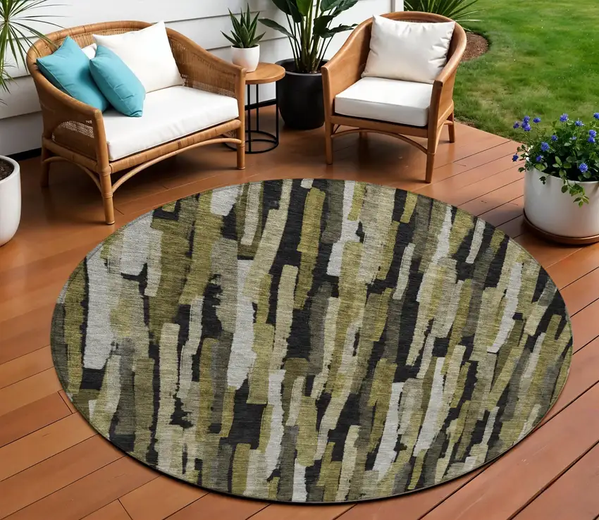 8' Brown Black And Green Round Striped Washable Indoor Outdoor Area Rug Photo 1