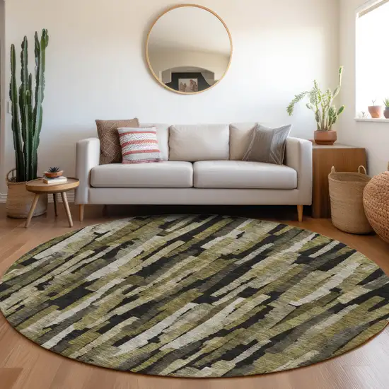 8' Brown Black And Green Round Striped Washable Indoor Outdoor Area Rug Photo 8