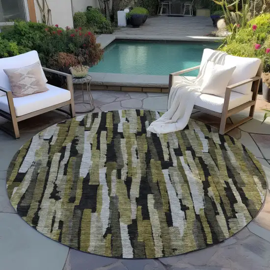 8' Brown Black And Green Round Striped Washable Indoor Outdoor Area Rug Photo 7