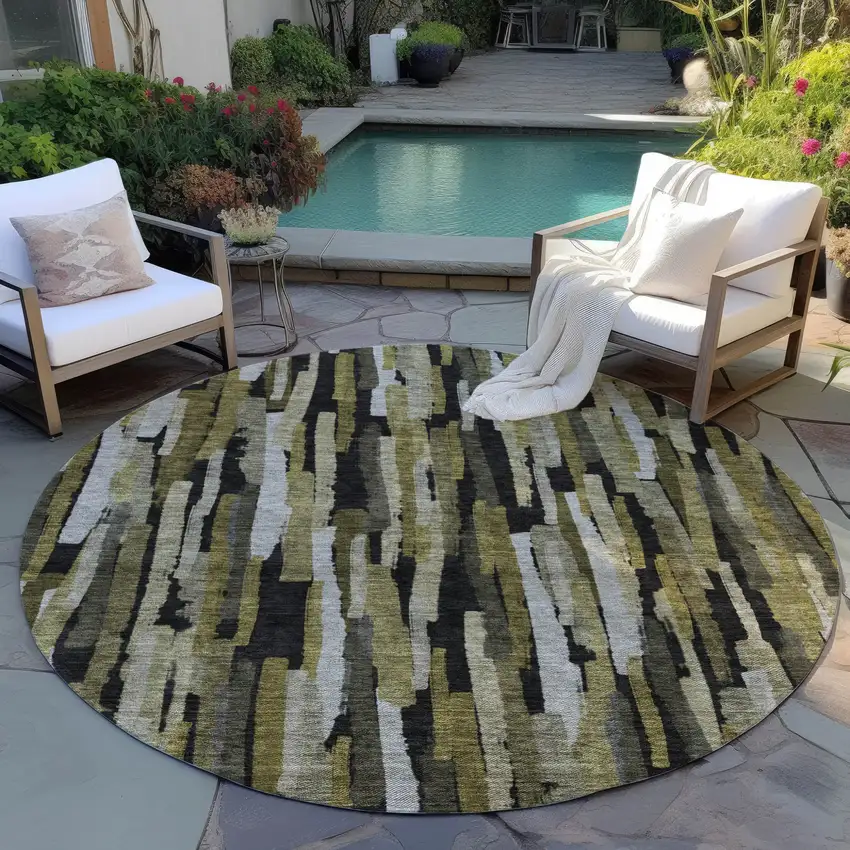 8' Brown Black And Green Round Striped Washable Indoor Outdoor Area Rug Photo 7