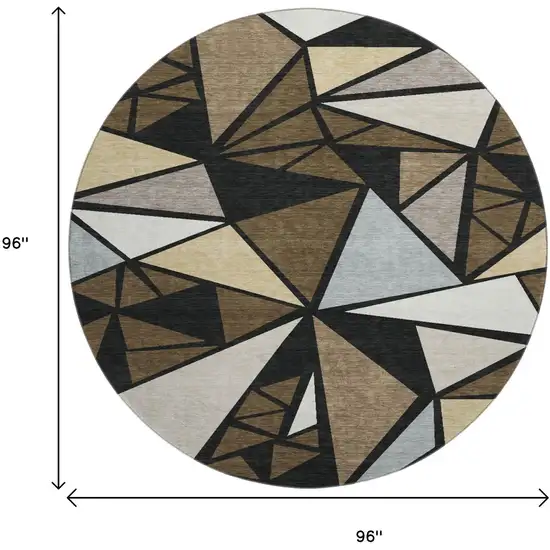 8' Brown Black And Ivory Geometric Washable Round Rug With UV Protection Photo 9
