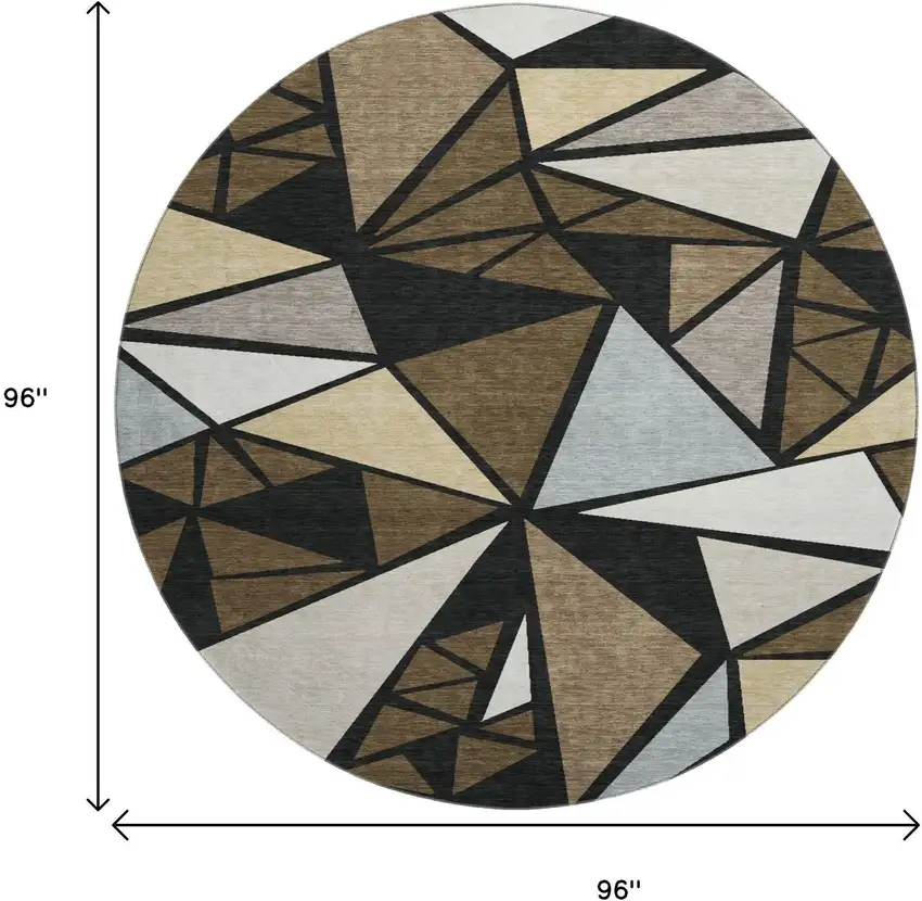 8' Brown Black And Ivory Geometric Washable Round Rug With UV Protection Photo 9