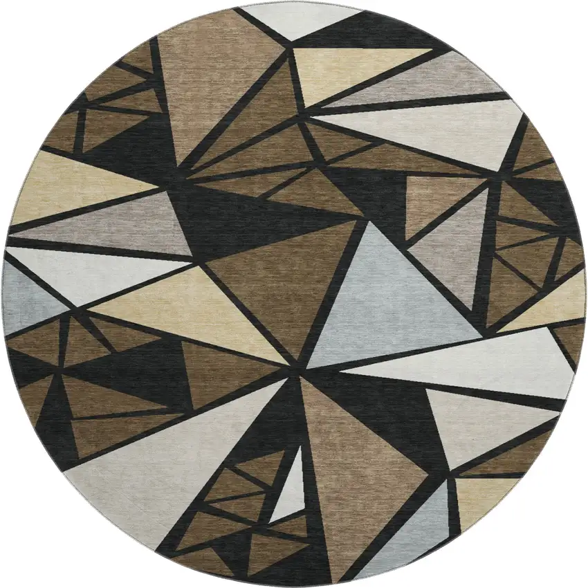 8' Brown Black And Ivory Geometric Washable Round Rug With UV Protection Photo 1