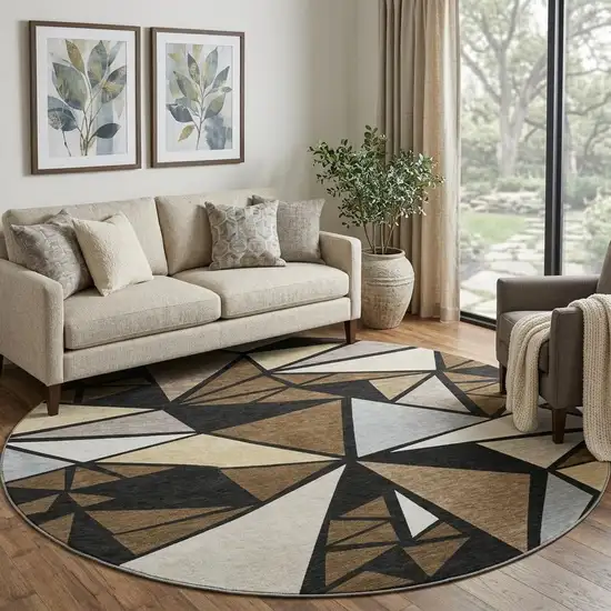 8' Brown Black And Ivory Geometric Washable Round Rug With UV Protection Photo 1