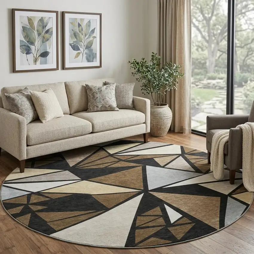 8' Brown Black And Ivory Geometric Washable Round Rug With UV Protection Photo 1