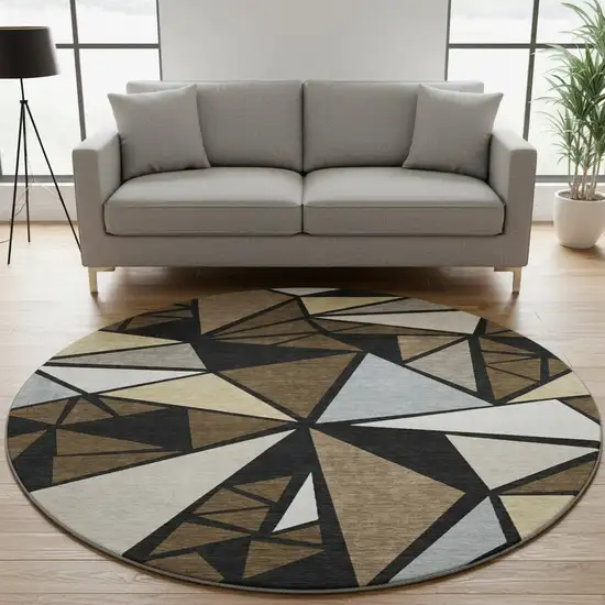 8' Brown Black And Ivory Geometric Washable Round Rug With UV Protection Photo 2