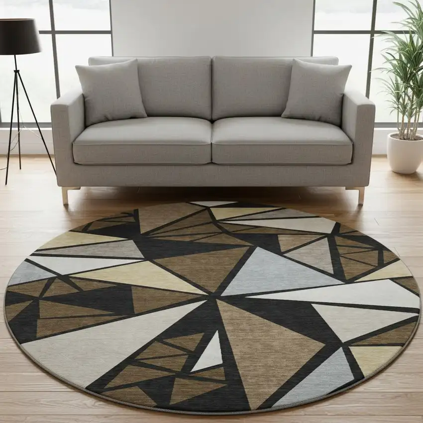 8' Brown Black And Ivory Geometric Washable Round Rug With UV Protection Photo 2