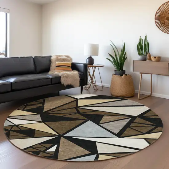8' Brown Black And Ivory Geometric Washable Round Rug With UV Protection Photo 4