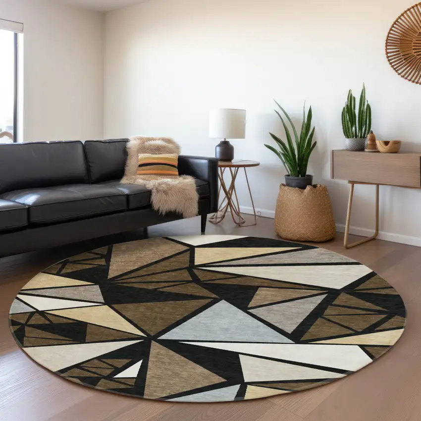 8' Brown Black And Ivory Geometric Washable Round Rug With UV Protection Photo 4