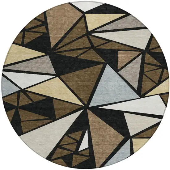 8' Brown Black And Ivory Round Geometric Washable Indoor Outdoor Area Rug Photo 2