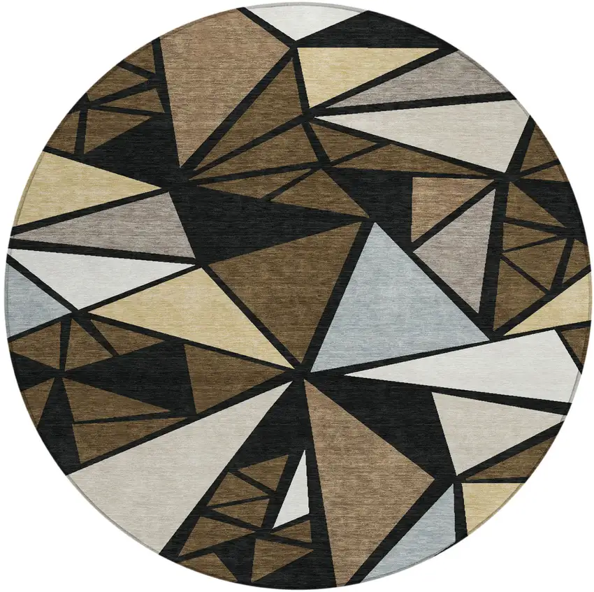 8' Brown Black And Ivory Round Geometric Washable Indoor Outdoor Area Rug Photo 2