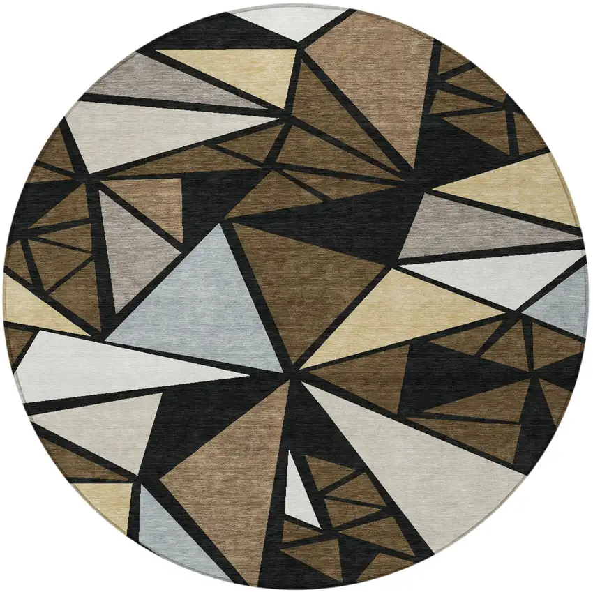 8' Brown Black And Ivory Round Geometric Washable Indoor Outdoor Area Rug Photo 5