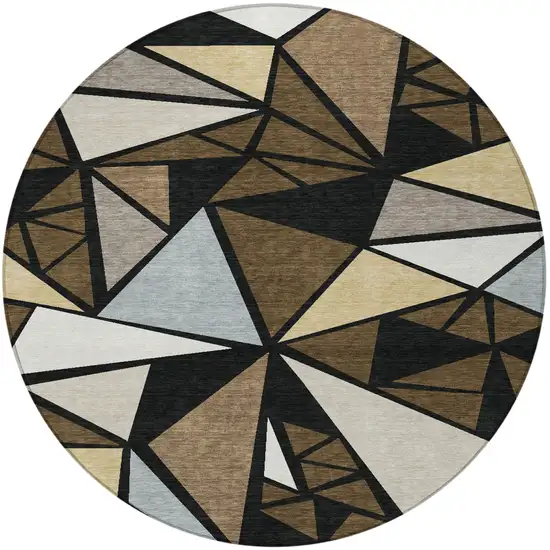 8' Brown Black And Ivory Round Geometric Washable Indoor Outdoor Area Rug Photo 5