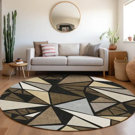 8' Brown Black And Ivory Round Geometric Washable Indoor Outdoor Area Rug Photo 7