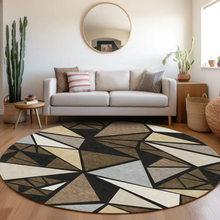 8' Brown Black And Ivory Round Geometric Washable Indoor Outdoor Area Rug Photo 7