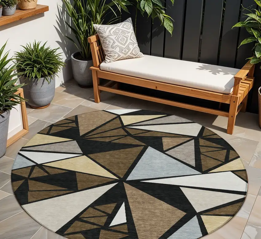 8' Brown Black And Ivory Round Geometric Washable Indoor Outdoor Area Rug Photo 1