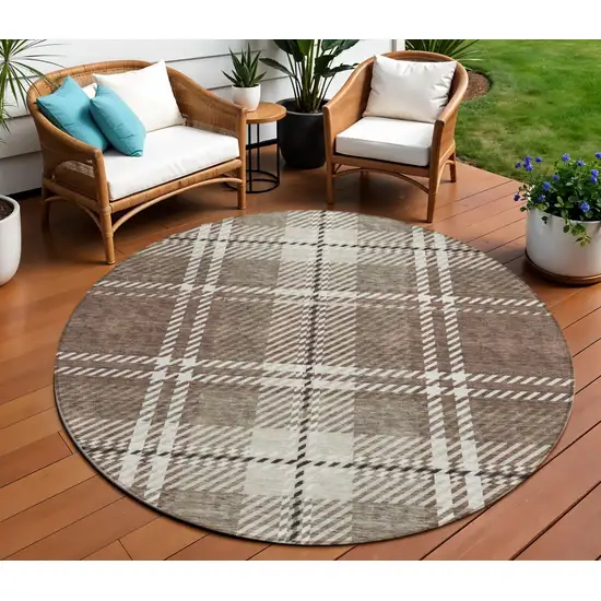 8' Brown Black And Ivory Round Plaid Washable Indoor Outdoor Area Rug Photo 1