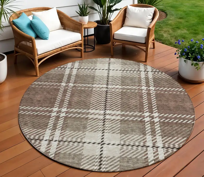 8' Brown Black And Ivory Round Plaid Washable Indoor Outdoor Area Rug Photo 1