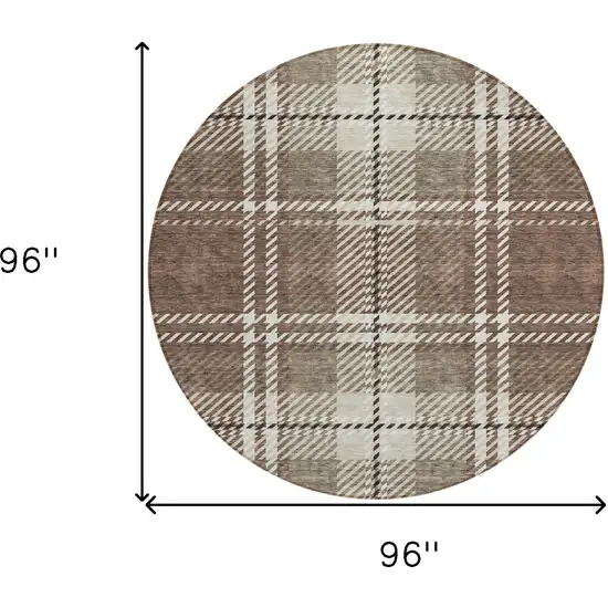 8' Brown Black And Ivory Round Plaid Washable Indoor Outdoor Area Rug Photo 3