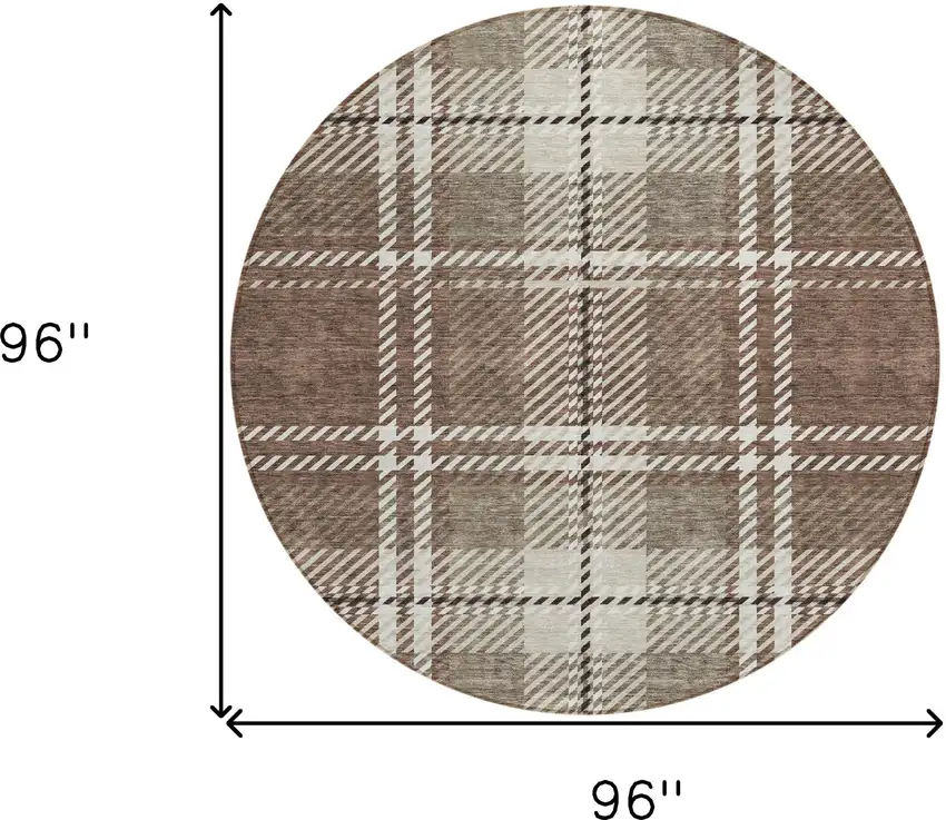 8' Brown Black And Ivory Round Plaid Washable Indoor Outdoor Area Rug Photo 3