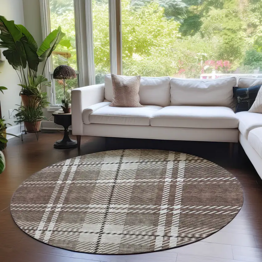 8' Brown Black And Ivory Round Plaid Washable Indoor Outdoor Area Rug Photo 8