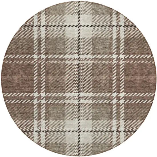 8' Brown Black And Ivory Round Plaid Washable Indoor Outdoor Area Rug Photo 2